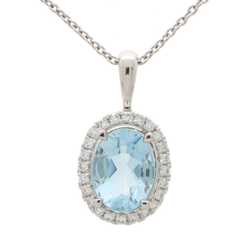 Aquamarine and Diamond Halo Pendant in White Gold