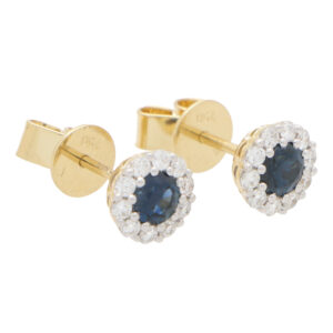 Round Sapphire and Diamond Cluster Earrings in Yellow Gold