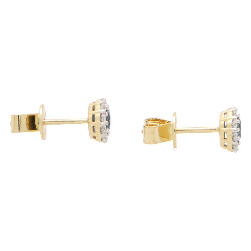 Round Sapphire and Diamond Cluster Earrings in Yellow Gold