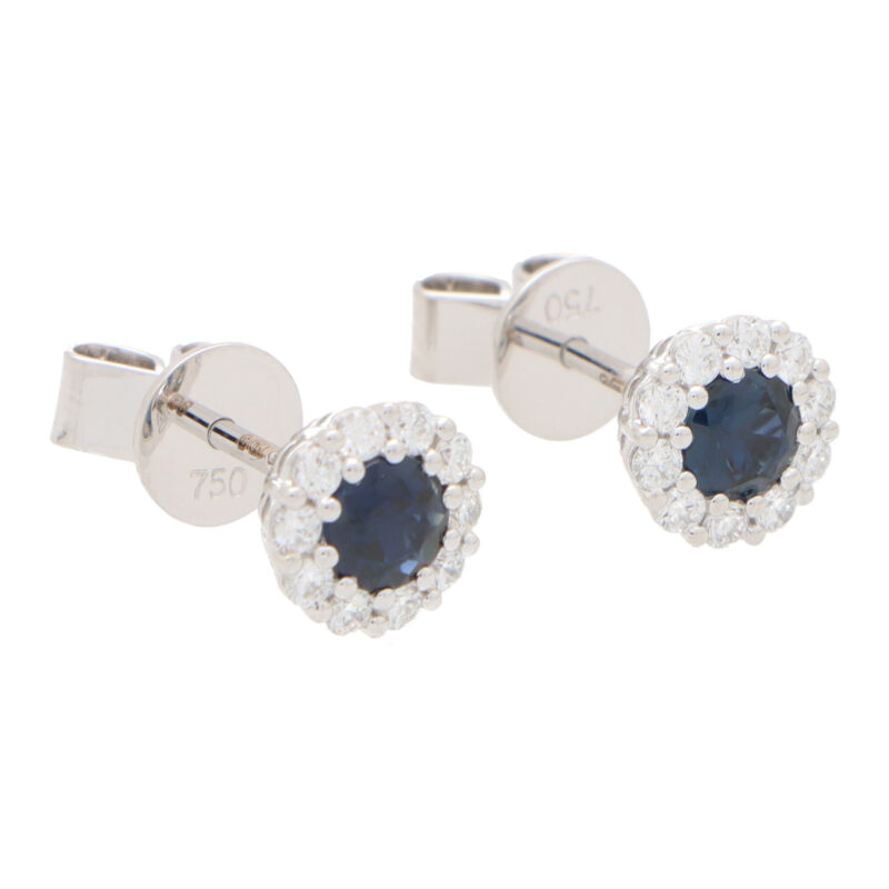 Round Sapphire and Diamond Cluster Earrings in White Gold