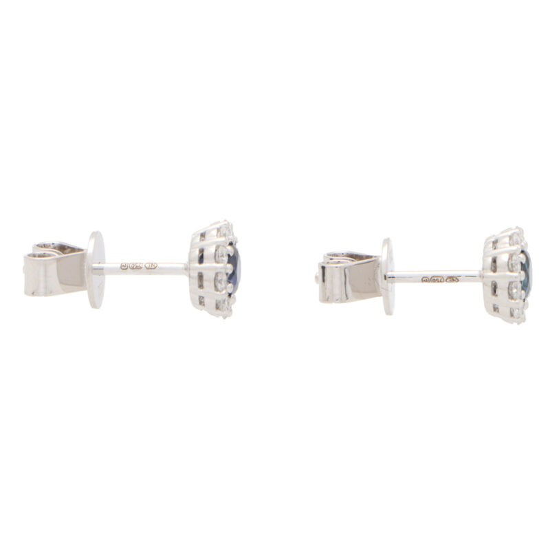 Round Sapphire and Diamond Cluster Earrings in White Gold