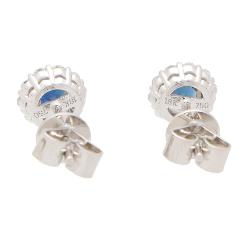 Round Sapphire and Diamond Cluster Earrings in White Gold