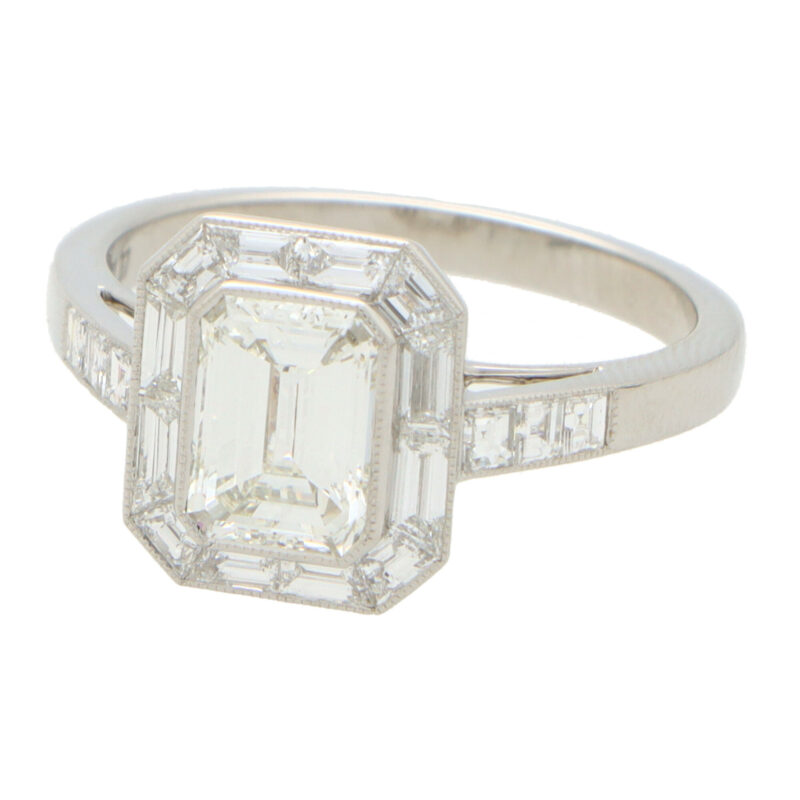 GIA Certified Art Deco Inspired Emerald Cut Diamond Halo Ring