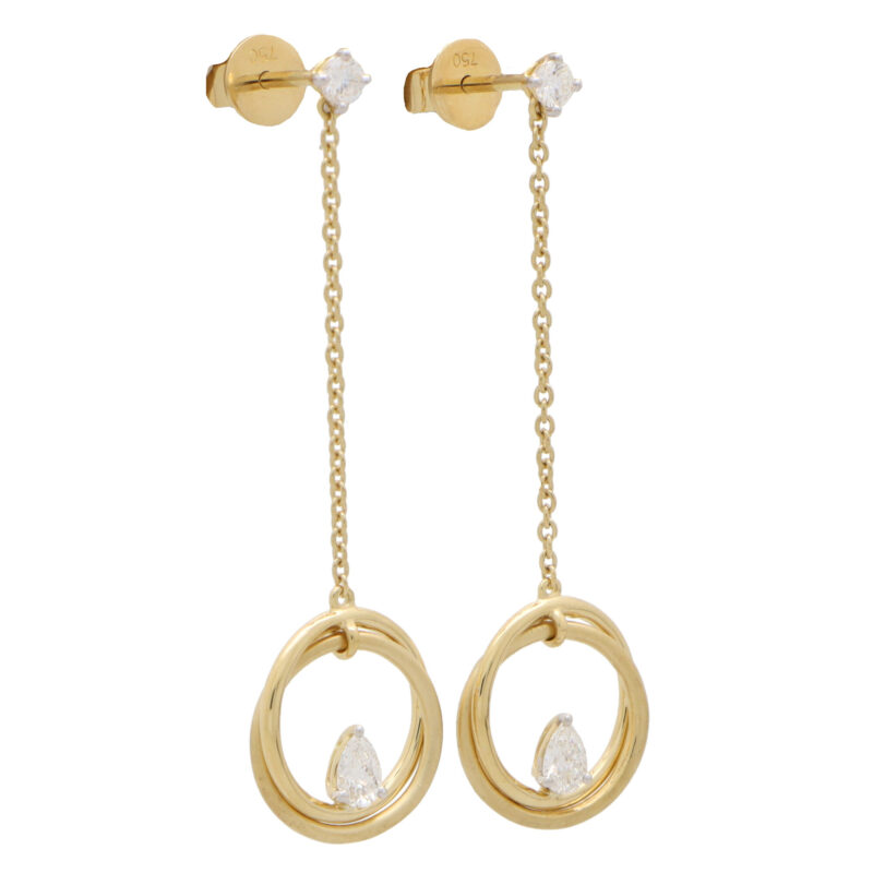 Pear Cut Diamond Drop Circle Earrings in Yellow Gold