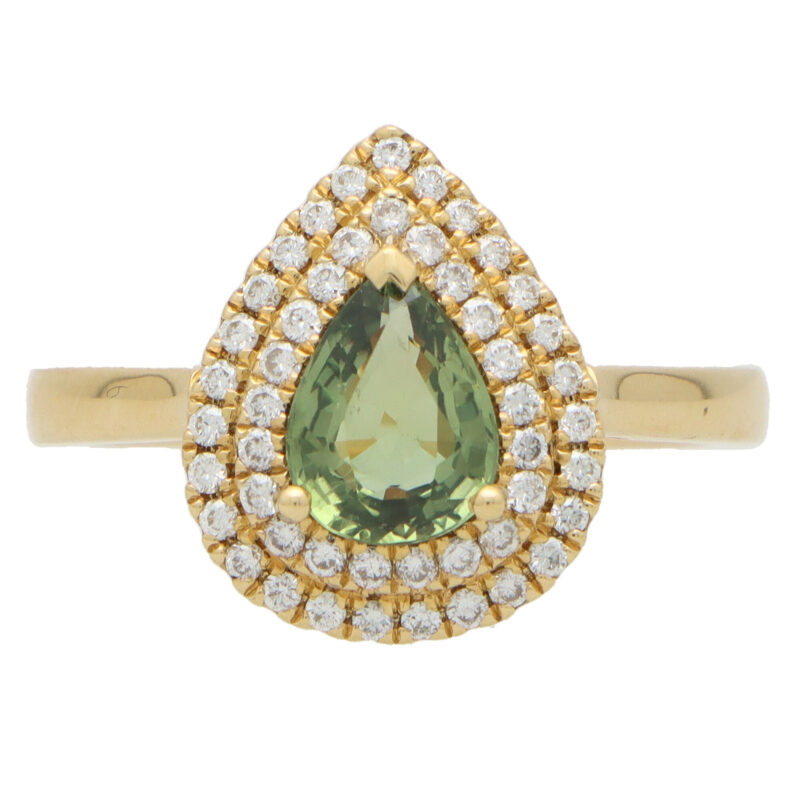 Green Sapphire and Diamond Double Halo Ring