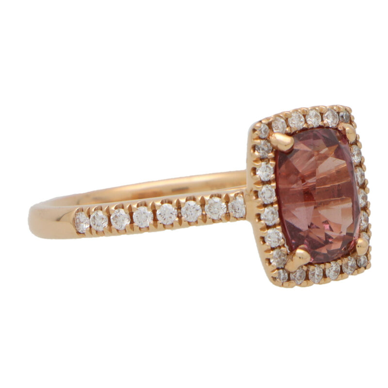 Rose Coloured Sapphire and Diamond Halo Ring