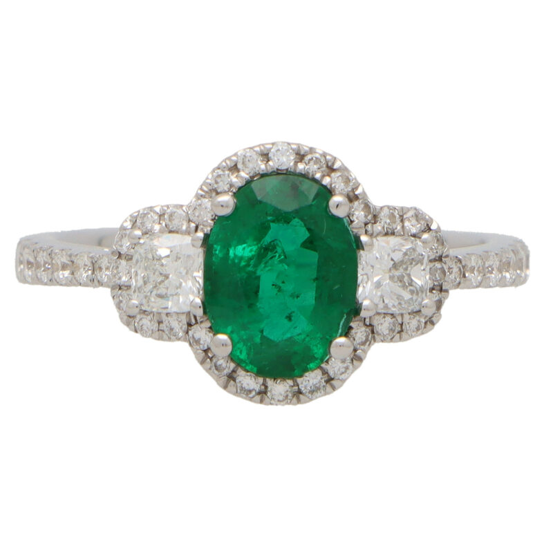 Emerald and Diamond Haloed Three Stone Ring