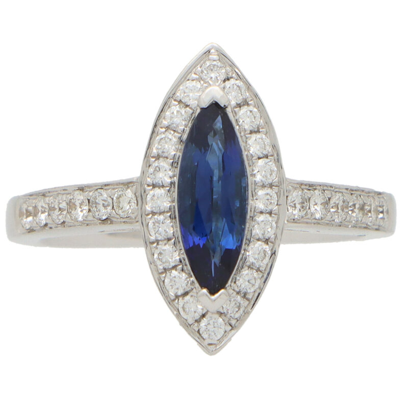 Marquise Cut Blue Sapphire and Diamond Halo Ring