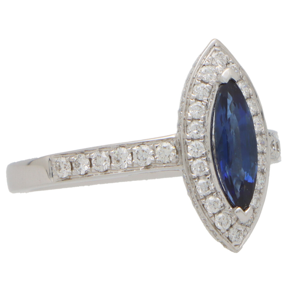 Marquise Cut Blue Sapphire and Diamond Halo Ring