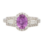 Pink Sapphire and Diamond Haloed Three Stone Ring