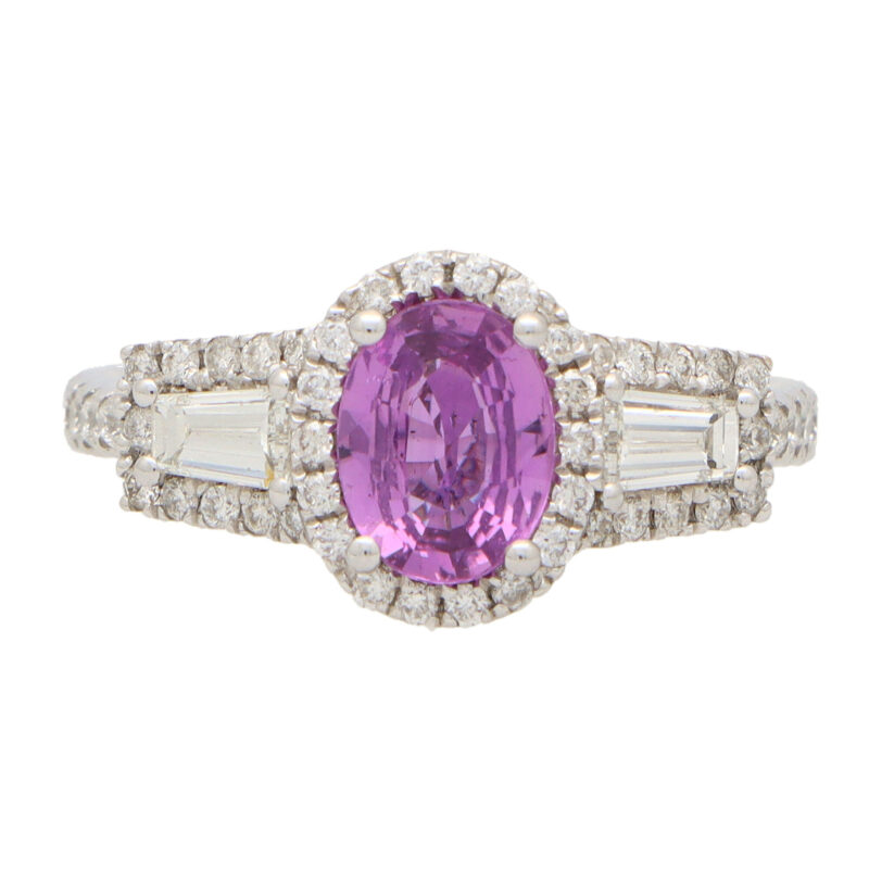 Pink Sapphire and Diamond Haloed Three Stone Ring