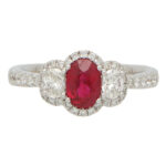Ruby and Diamond Haloed Three Stone Ring