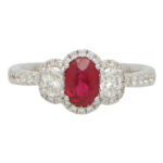 Ruby and Diamond Haloed Three Stone Ring