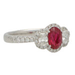 Ruby and Diamond Haloed Three Stone Ring