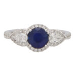 Sapphire and Diamond Haloed Three Stone Ring