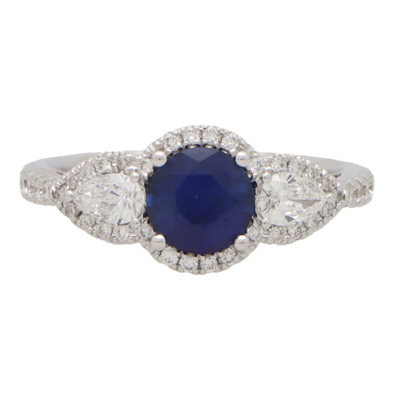 Sapphire and Diamond Haloed Three Stone Ring