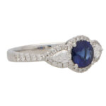 Sapphire and Diamond Haloed Three Stone Ring