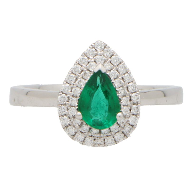 Pear Cut Emerald and Diamond Double Halo Ring