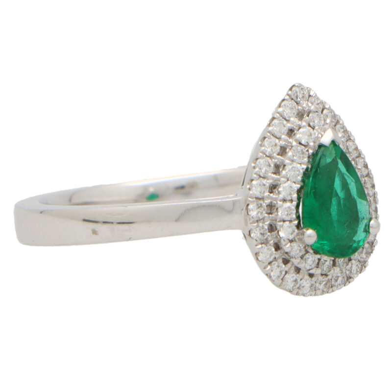 Pear Cut Emerald and Diamond Double Halo Ring