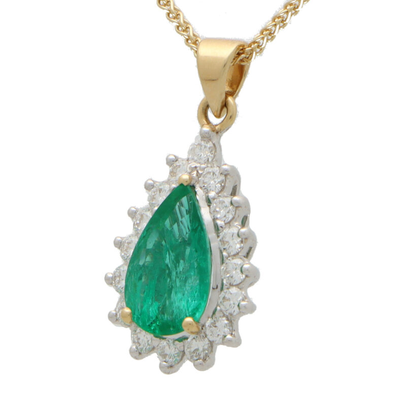 Contemporary Pear Shape Emerald and Diamond Cluster Pendant