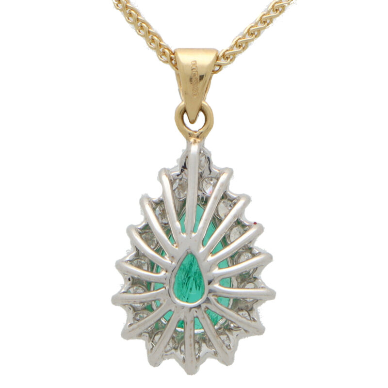 Contemporary Pear Shape Emerald and Diamond Cluster Pendant