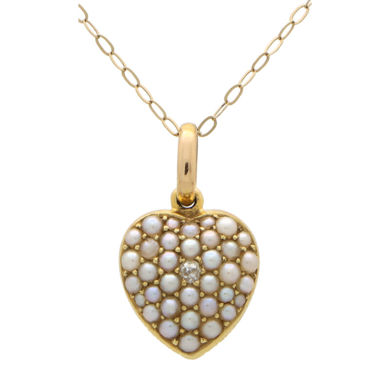 Late Victorian Old Cut Diamond and Pearl Heart Pendant