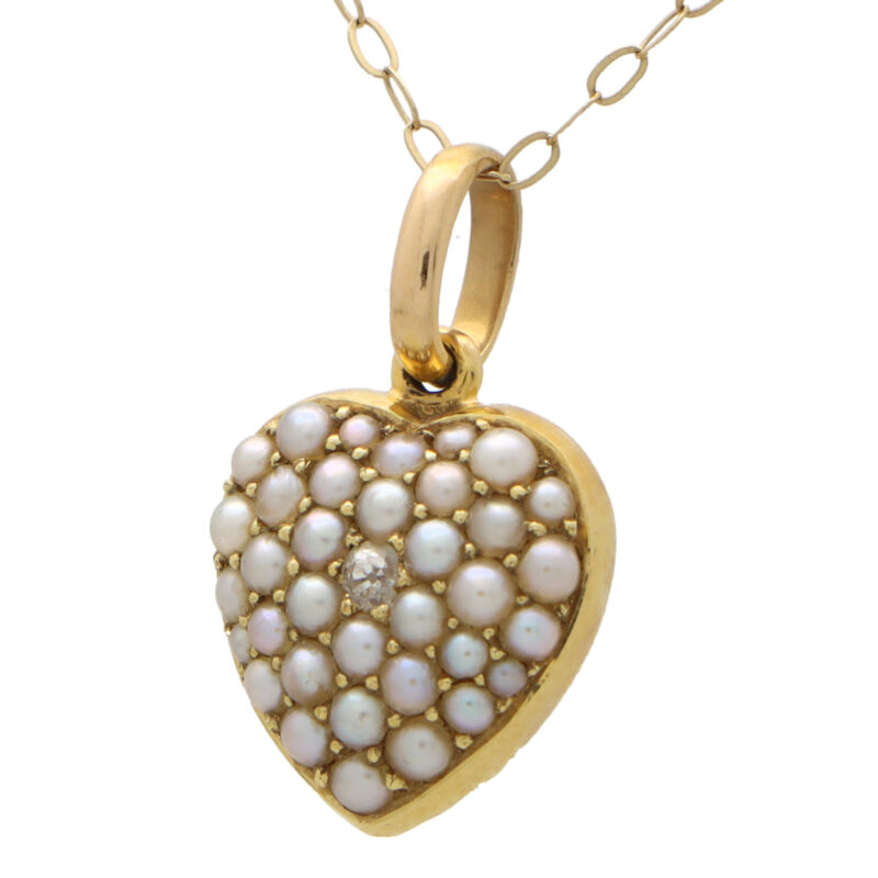Late Victorian Old Cut Diamond and Pearl Heart Pendant