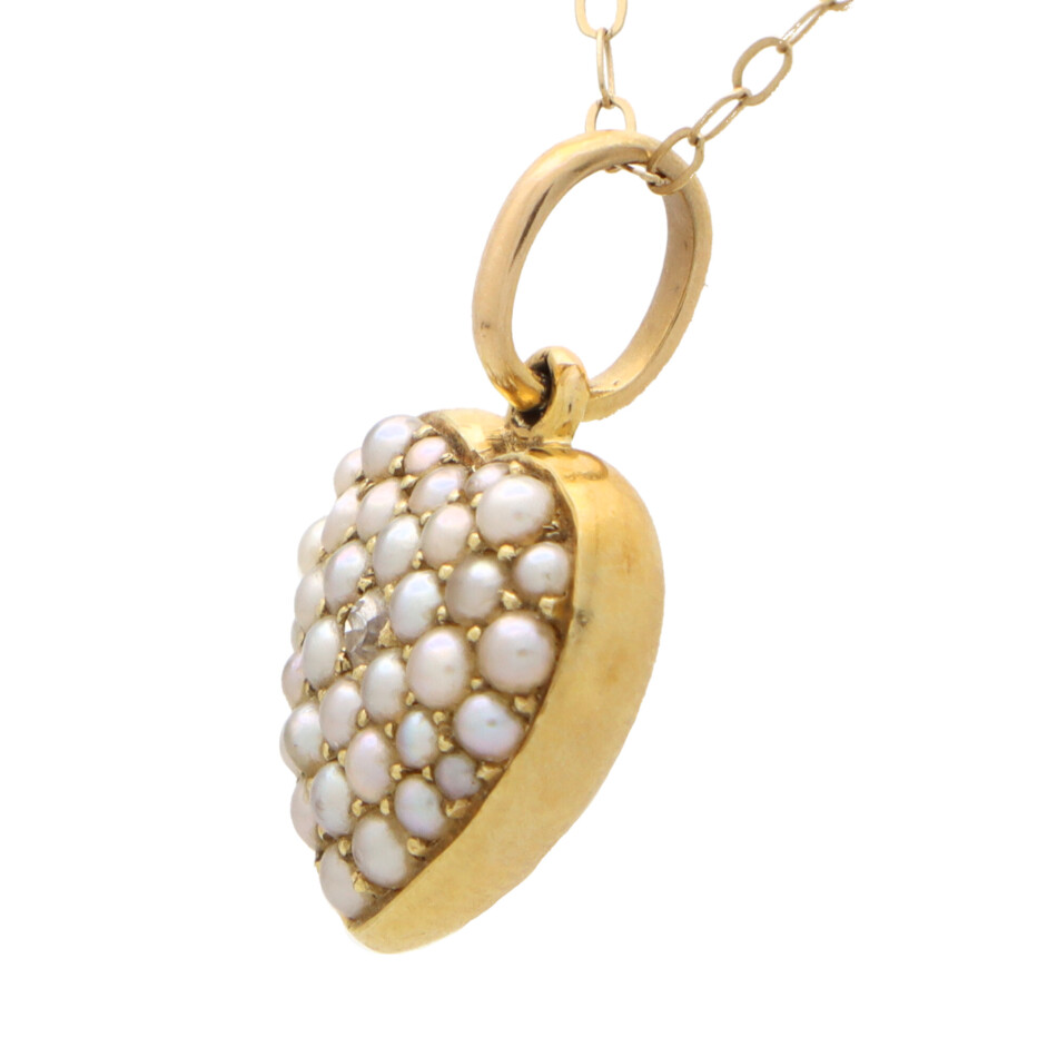 Late Victorian Old Cut Diamond and Pearl Heart Pendant