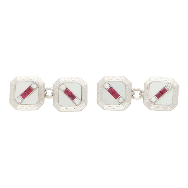 Art Deco Ruby, Diamond and Pearl Cufflink and Stud Set