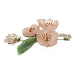 Rose Quartz, Nephrite, Ruby and Diamond Floral Spray Brooch