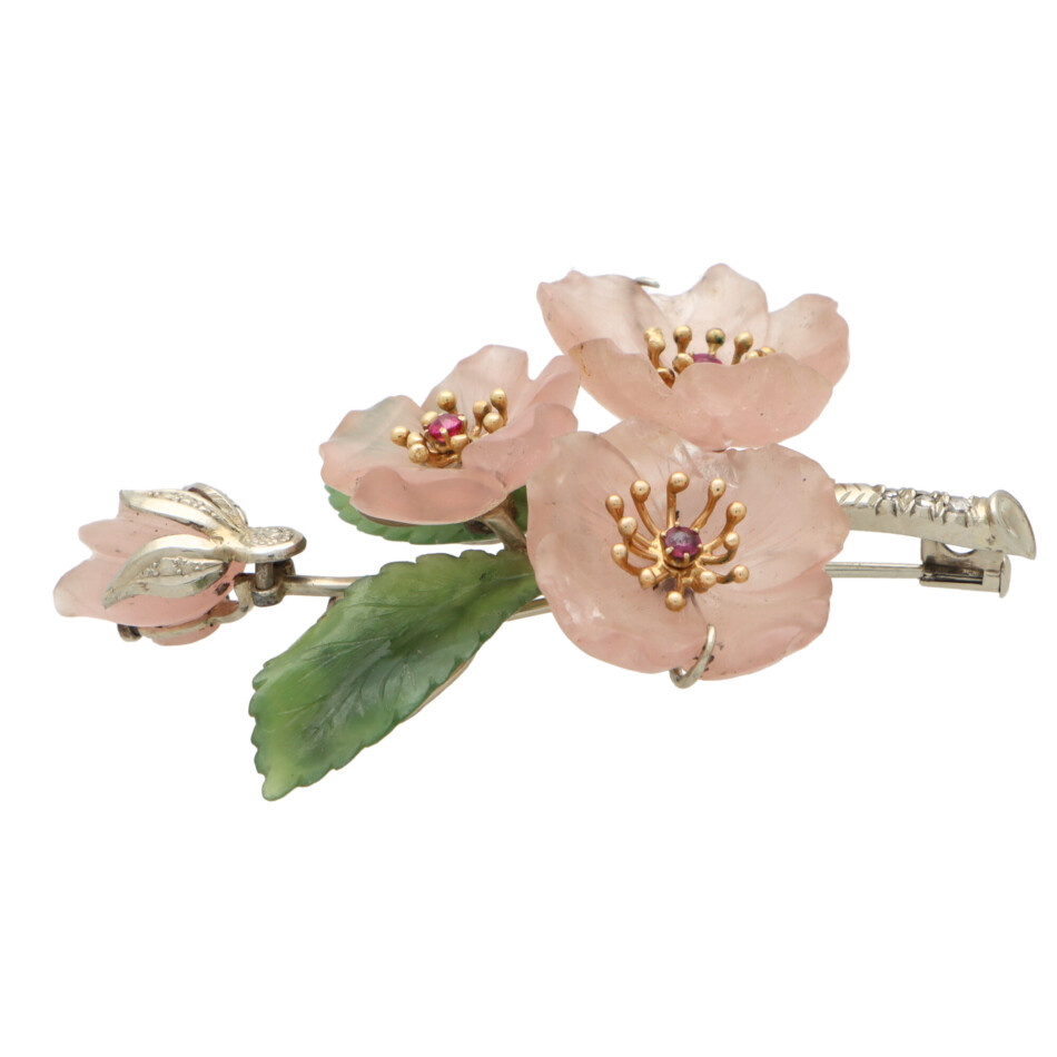 Rose Quartz, Nephrite, Ruby and Diamond Floral Spray Brooch