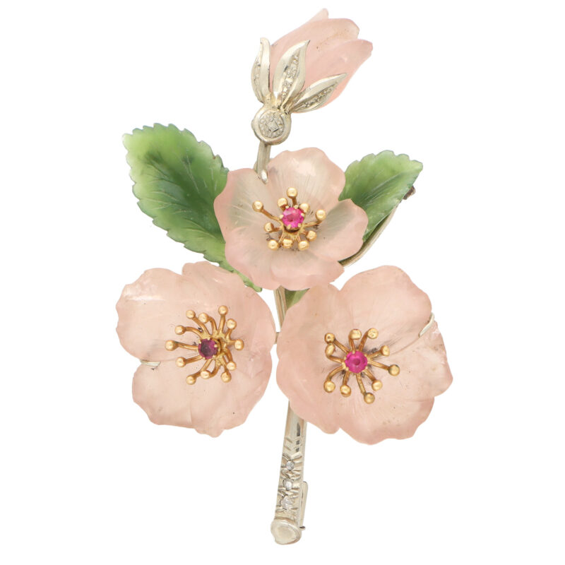 Rose Quartz, Nephrite, Ruby and Diamond Floral Spray Brooch