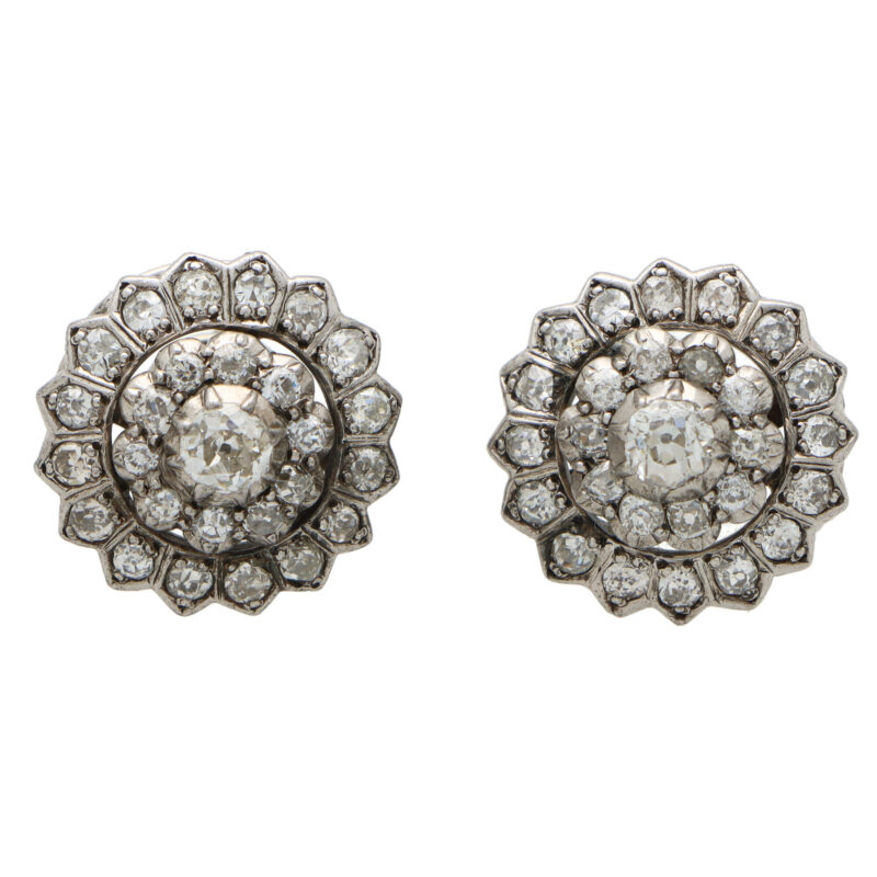 Early Victorian Diamond Coronet Cluster Earrings Set in Silver