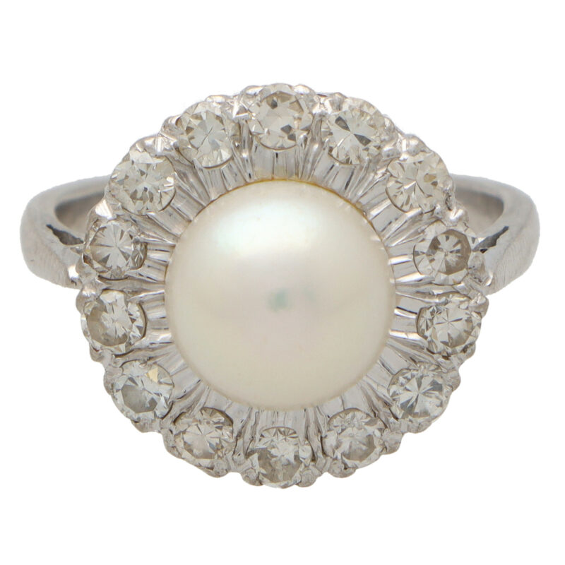 Late Art Deco Pearl and Diamond Cluster Ring