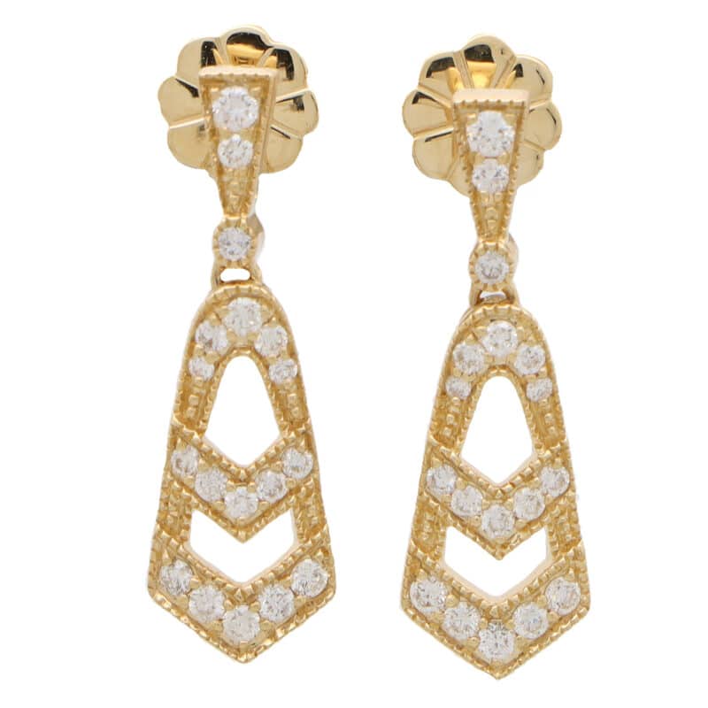 Art Deco Inspired Diamond Drop Earrings in Yellow Gold