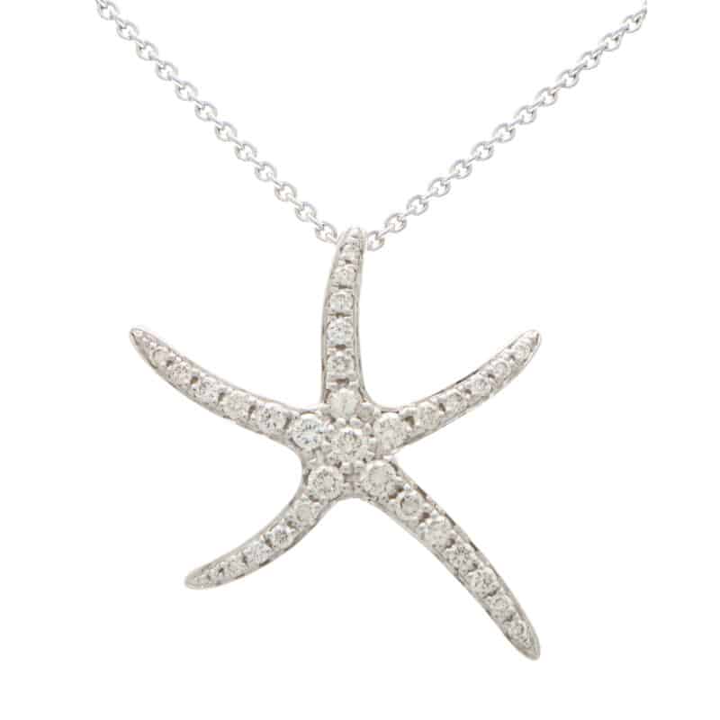 Large Diamond Starfish Pendant Necklace in White Gold