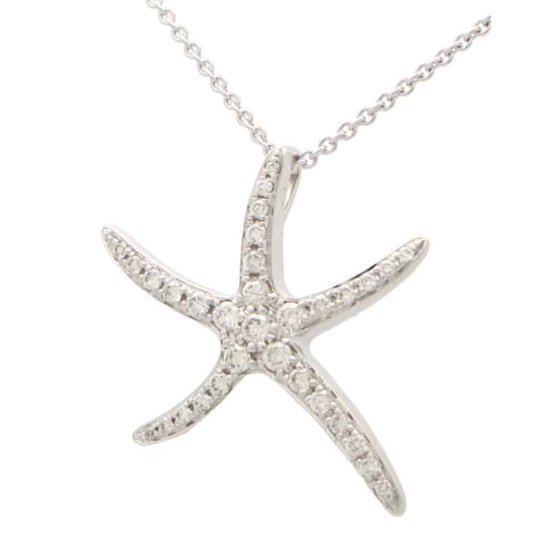 Large Diamond Starfish Pendant Necklace in White Gold