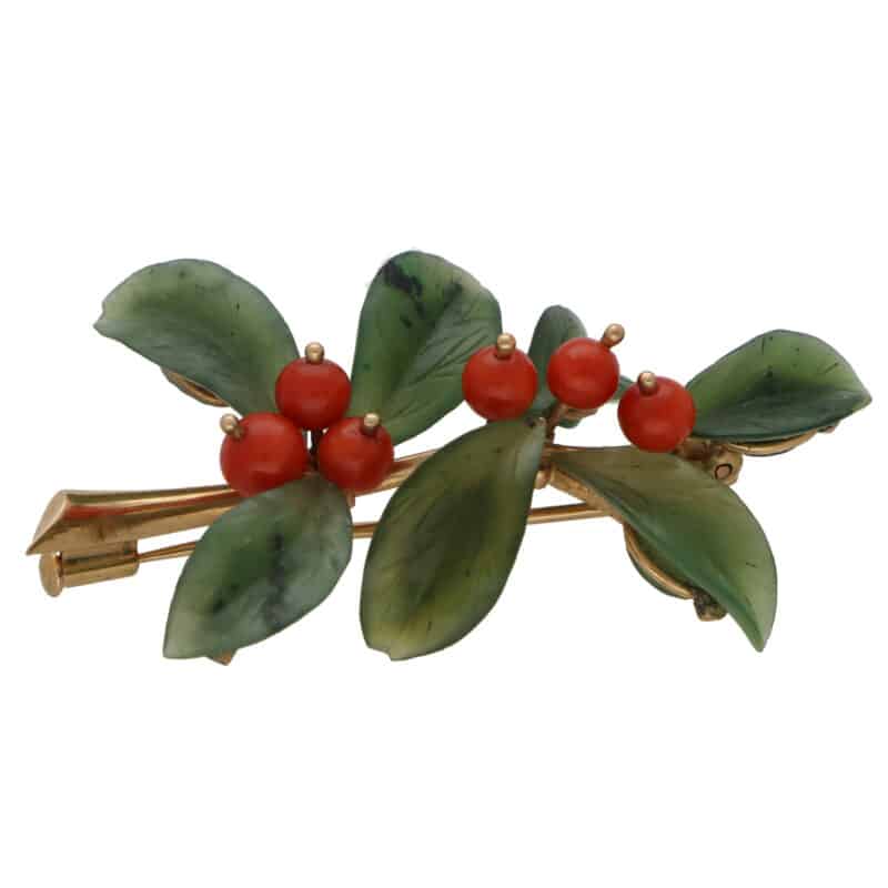 Retro Nephrite and Coral Leaf and Berries Brooch