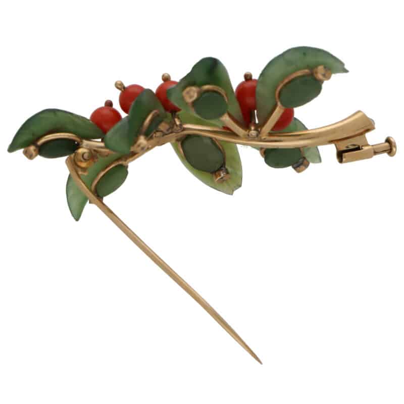 Retro Nephrite and Coral Leaf and Berries Brooch