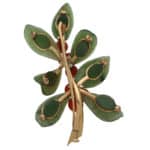 Retro Nephrite and Coral Leaf and Berries Brooch