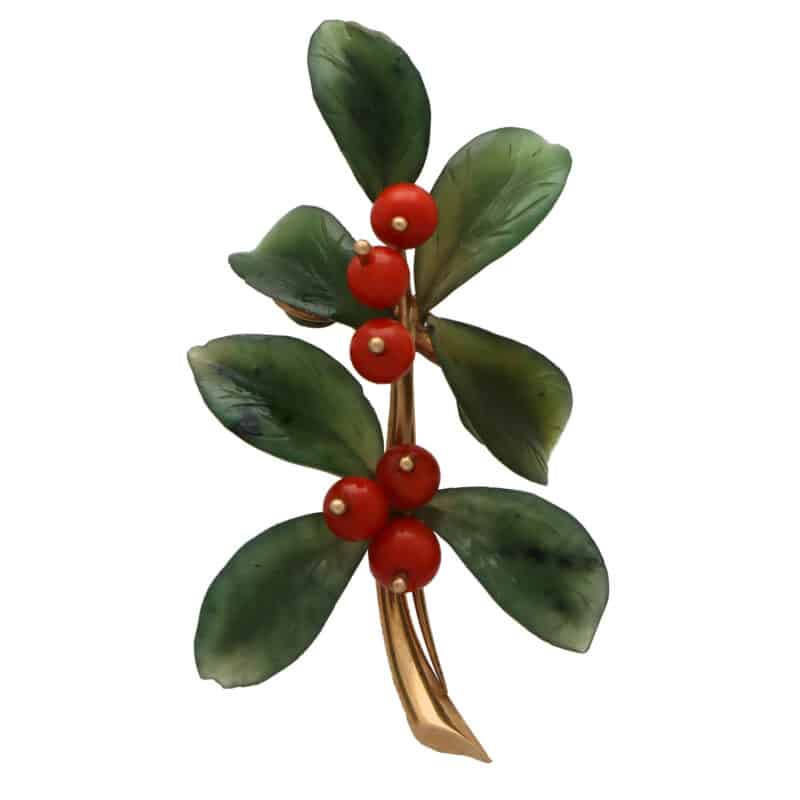 Retro Nephrite and Coral Leaf and Berries Brooch