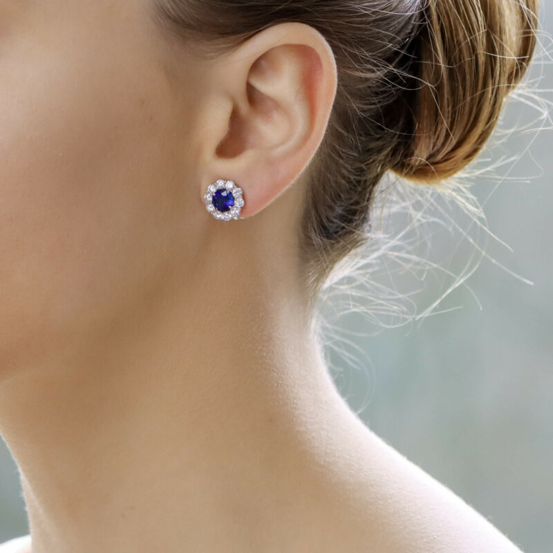 Sapphire and Diamond Cluster Earrings in Platinum