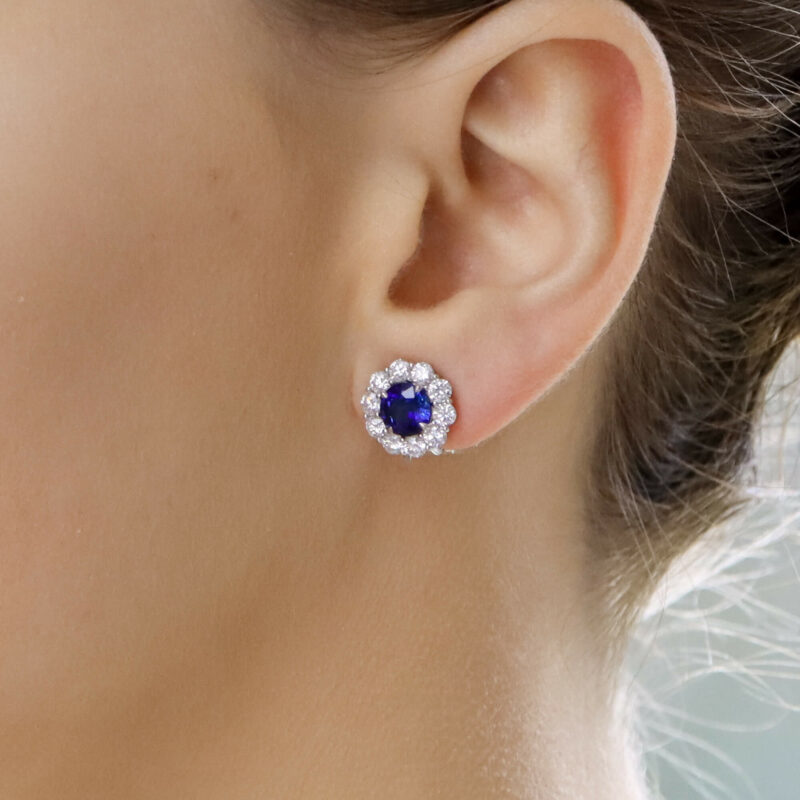 Sapphire and Diamond Cluster Earrings in Platinum