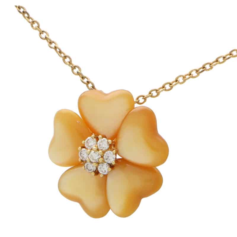 Vintage Mother-of-Pearl and Diamond Flower Pendant Necklace