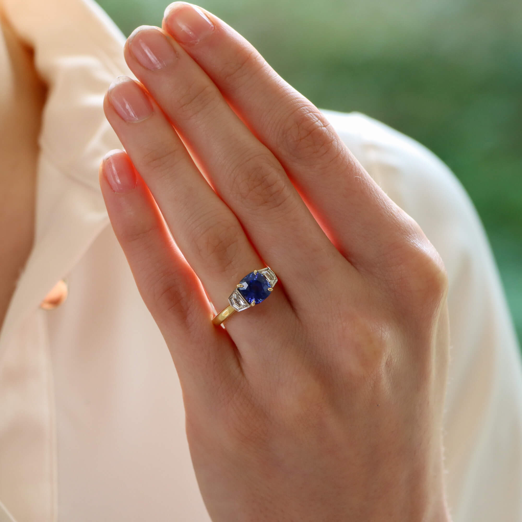 Cushion Cut Blue Sapphire and Half Moon Diamond Three Stone at Susannah Lovis Jewellers