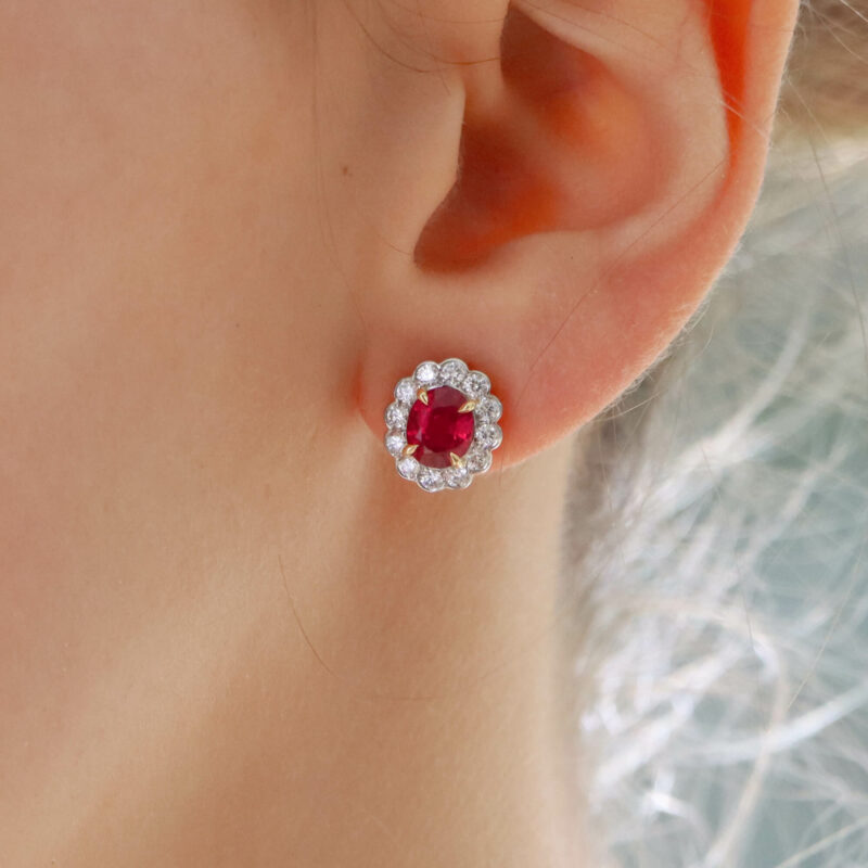 Ruby and Diamond Floral Cluster Stud Earrings