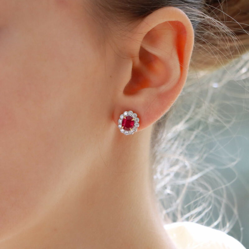 Ruby and Diamond Floral Cluster Stud Earrings