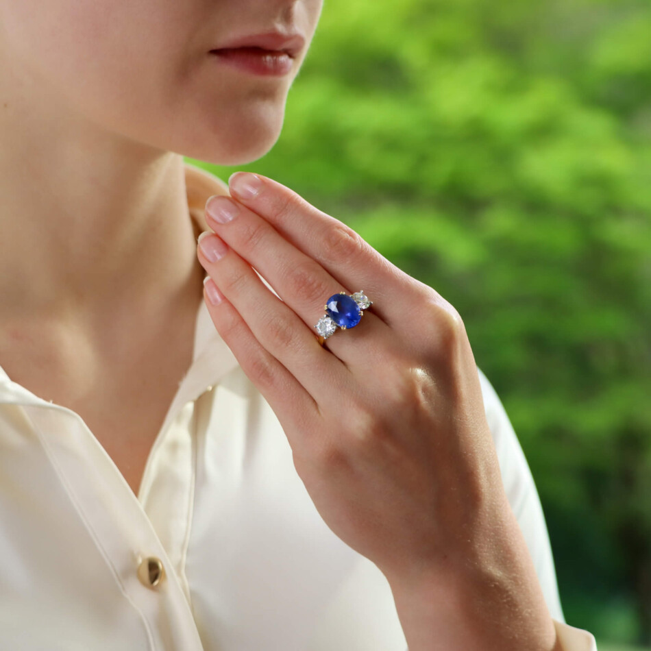 Certified 7.18ct Unheated Sapphire and Diamond Three Stone Ring