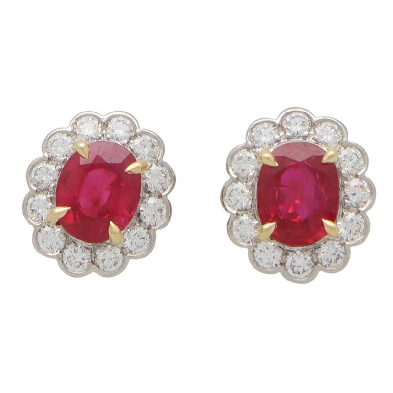 Ruby and Diamond Floral Cluster Stud Earrings