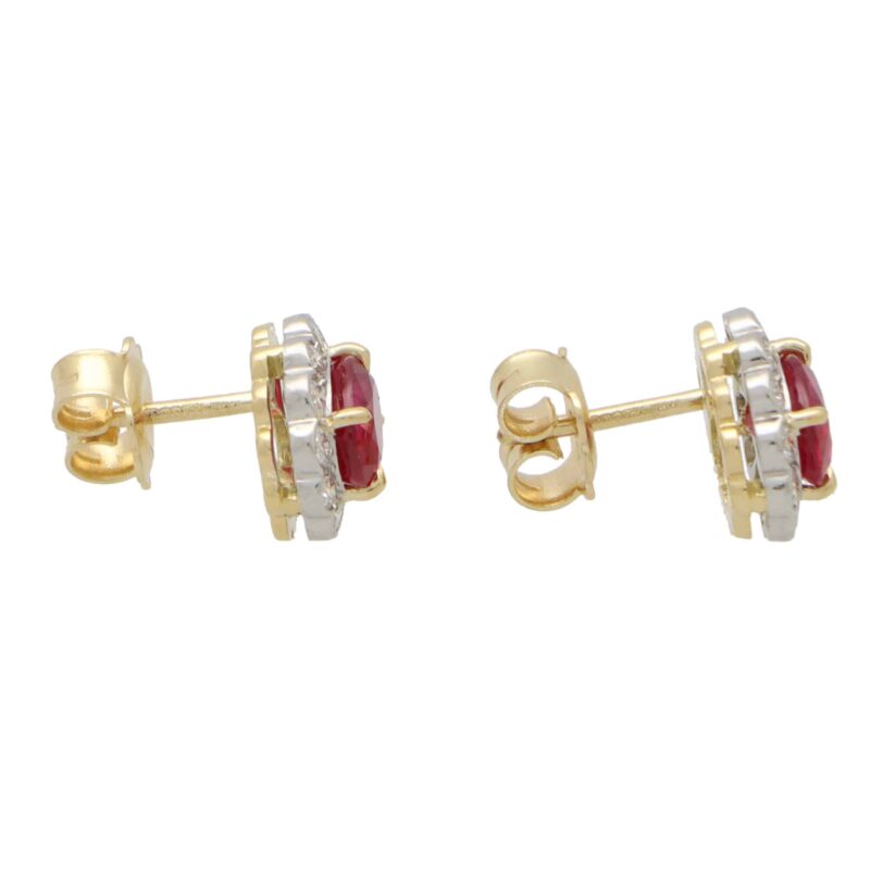 Ruby and Diamond Floral Cluster Stud Earrings